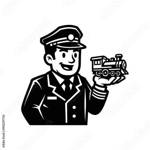 Black and white mascot illustration of a smiling train conductor holding a steam locomotive