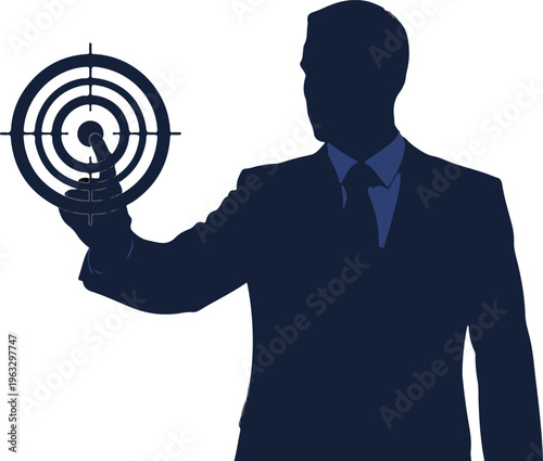 Business target concept with businessman silhouette, professional male figure pointing at bullseye goal, corporate success and marketing strategy vector