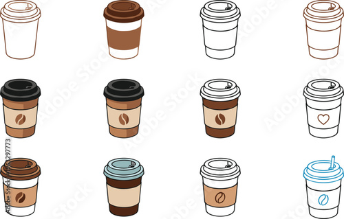 Takeaway coffee cup vector icon set in multiple styles featuring disposable paper cups for cafe and breakfast beverage branding.