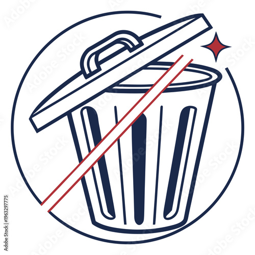 Circular trash can icon with red diagonal line and star symbol representing clean environment waste management and anti pollution vector graphic art