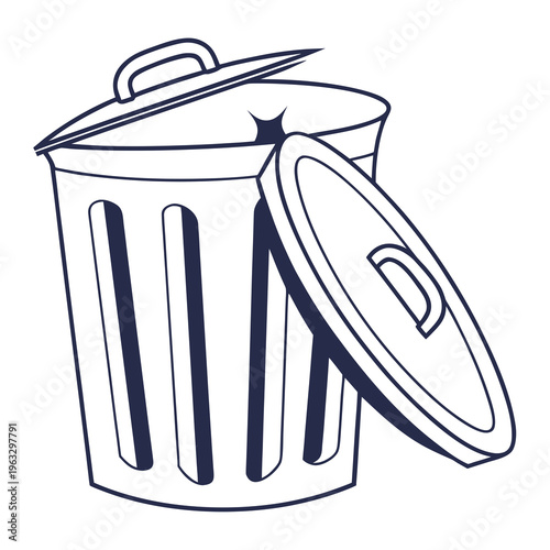 Detailed outline of open metallic garbage can with lid leaning against side isolated on white background for sanitation and waste disposal concept