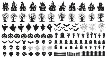 halloween icons set, black silhouettes on white background