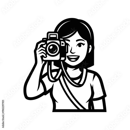 Black and white vector illustration of a smiling woman holding a camera