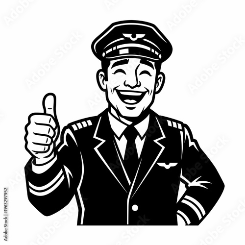 Black and white illustration of laughing male airline pilot in uniform giving thumbs up gesture