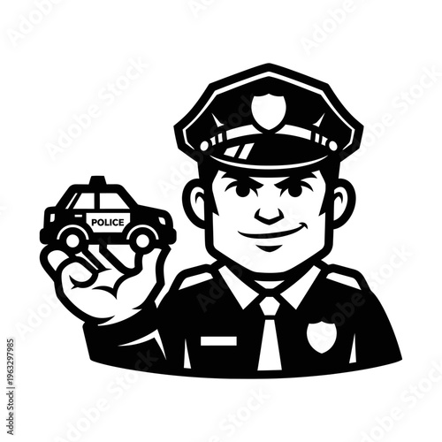Black and white police officer cartoon mascot holding a miniature patrol car