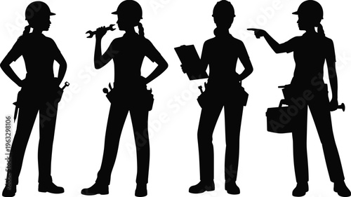 Female construction worker silhouettes vector set with tools helmet engineer builder isolated black figures illustration collection industrial profession concept