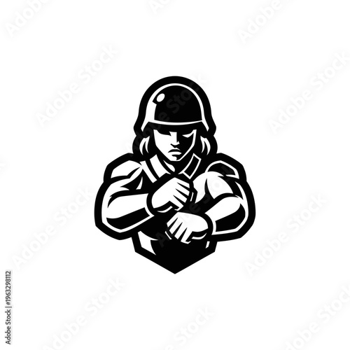 Black and white muscular soldier mascot clenching fists on a white background