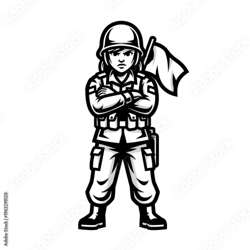 Black and white female soldier mascot standing with arms crossed and carrying a flag