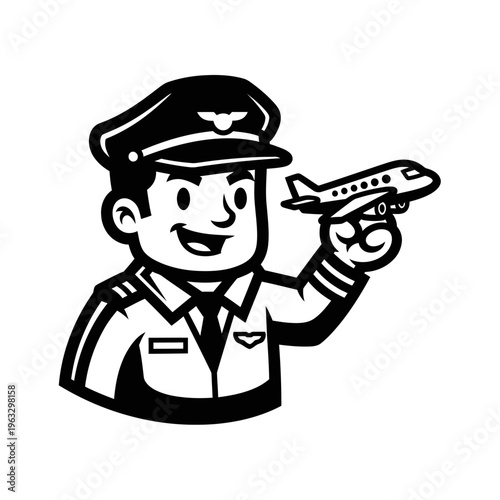 Black and white cartoon pilot holding a small model airplane on a white background