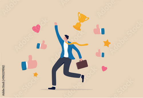 Appreciate high performance employee, good job or praising success staff, recognition or congratulation concept, cheerful success businessman with appreciation thumbs up applause, stars and trophy
