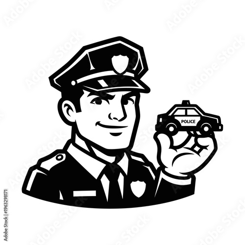Black and white vector illustration of a male police officer holding a toy patrol car