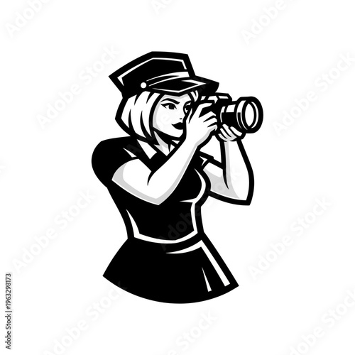 Black and white vector illustration of a female photographer taking a photo