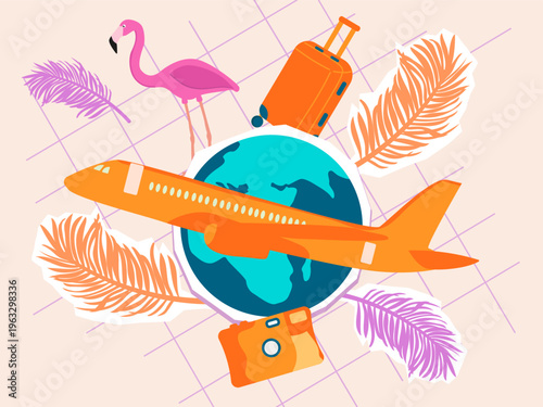 A collage from traveling with an airplane, a globe, luggage and a camera. the concept of global travel and leisure planning