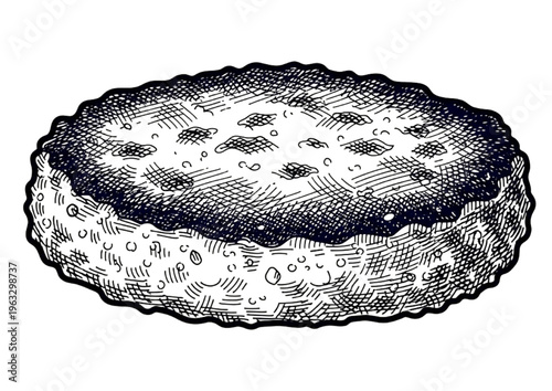 Vintage Engraving of a Savory Round Flatbread or Vegetable Fritter, Deliciously Textured Artwork