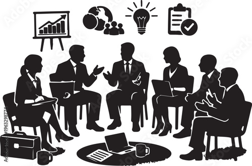 A group of professionals sitting together discussing business meeting strategy