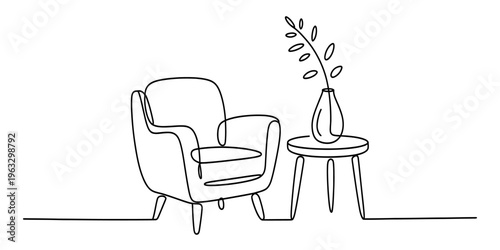A minimalist continuous line drawing of a comfortable armchair next to a small side table decor Vector, illustration