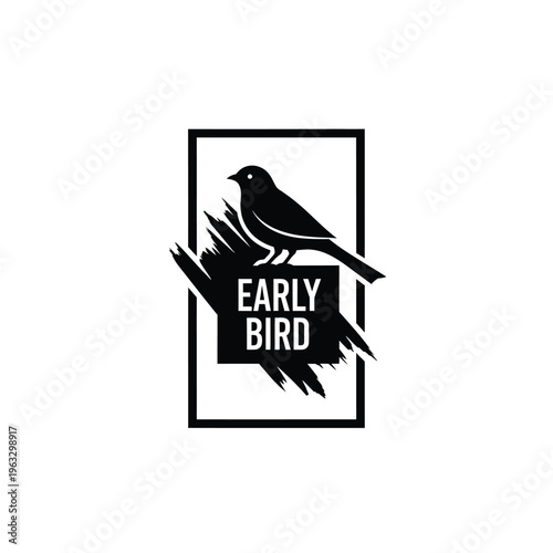 Vector illustration of a bird perched on a branch with early bird text in a rectangular frame