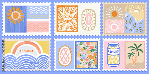 Collection of colorful illustrated postage stamps with various playful designs