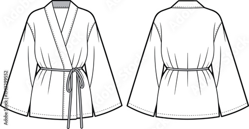 Stylish Kimono-Style Robe with Tie-Waist and Wide Sleeves - Front and Back Technical Fashion Drawing for Adobe Stock