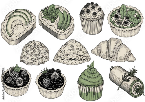 Delicious and fresh food illustrations featuring pastries, tarts, and sandwiches