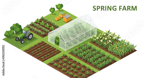 Isometric illustration of a spring farm with a greenhouse, mini tractor, and various agricultural land plots, including a flower field and beekeeping zone