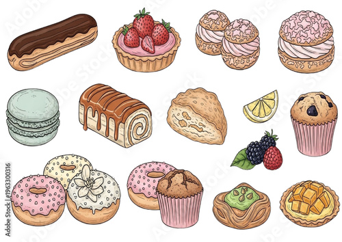 Assortment of delicious baked goods and desserts including cakes, donuts, and pastries