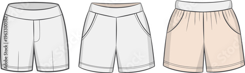 Three styles of shorts fashion flat sketch, technical drawing template, must-have apparel for summer, activewear, and casual wear, clothing vector.