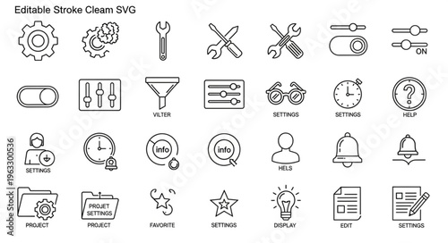 Collection of Editable Stroke Icons - Settings, Tools, and Interface Elements.