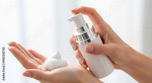 A hand dispenses foamy white substance into another hand
