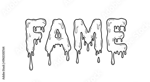 Drip style fame lettering with melted effect on white background for graphic design