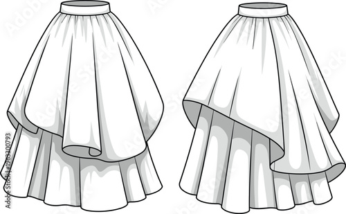 Tiered ruffle skirt fashion flat sketch template, casual elegant layered frill short skirt vector illustration with front and back view, apparel clothing drawing, design resource.