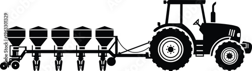 Tractor with seeder machine silhouette vector agriculture equipment farming vehicle planting isolated black illustration collection rural technology concept