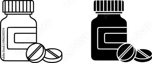 Medical Medicine Bottle and Tablets Icon Set - Pharmaceutical Pill Container Vector Illustration (Outline & Solid Styles)