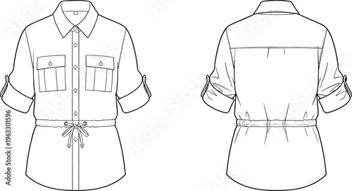 Women shirt dress vector template front and back view short sleeve drawstring waist fashion clothing flat illustration set