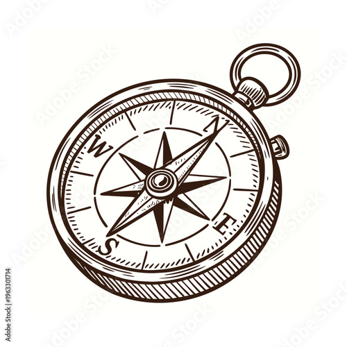 Vintage compass, antique navigation tool, brown illustration, directional symbol, travel icon
