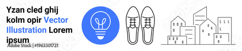 Business innovation, urban lifestyle, fashion design, energy efficiency, modern architecture, creativity. Light bulb, shoes and buildings alongside text. Business innovation and urban lifestyle