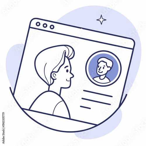 Online user profile interface showing male avatar on computer screen with social media information and contact details in line art vector design