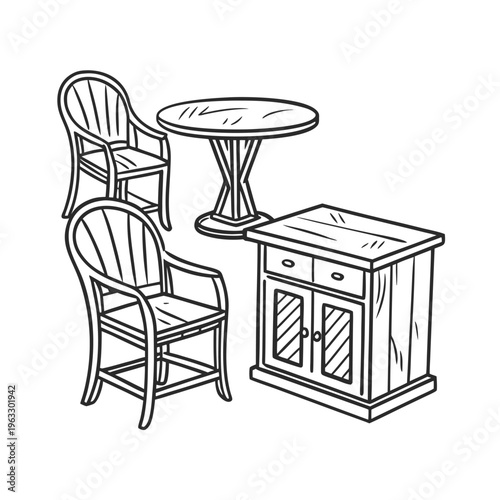Furniture icons, wooden table and chair set, outdoor patio illustration, garden furniture
