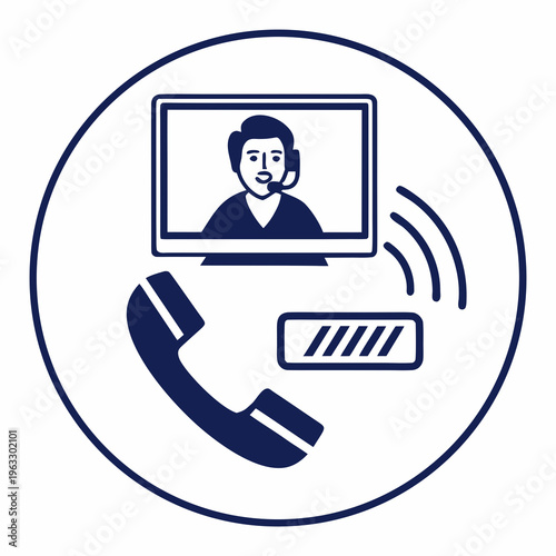 Computer monitor displaying a person with a headset, accompanied by a ringing phone and wifi signal, inside a circle