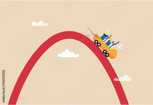 Stock market rollercoaster, risk or recession downturn, investment falling down, economic crisis, fall down, decrease or reduction concept, business people investor riding on falling down graph