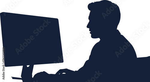 Professional male silhouette working at computer, dark blue office worker profile using desktop monitor, man typing on keyboard at desk