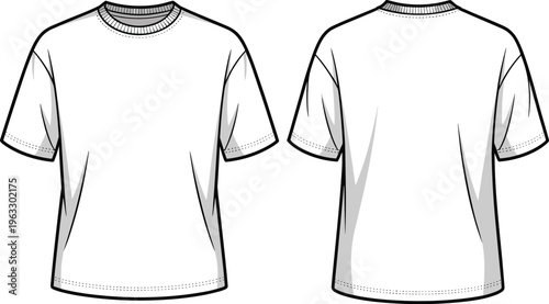 Vector blank white men's t-shirt template, front and back view, realistic mockup design for fashion and graphic design, customizable apparel illustration.