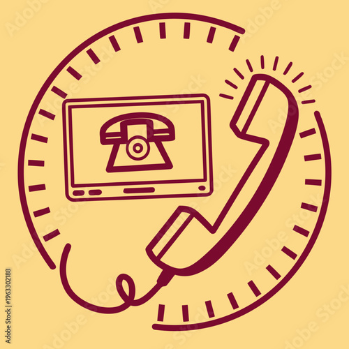 Ringing telephone next to a monitor displaying a phone icon, enclosed within a circle with clock marks, red outline art