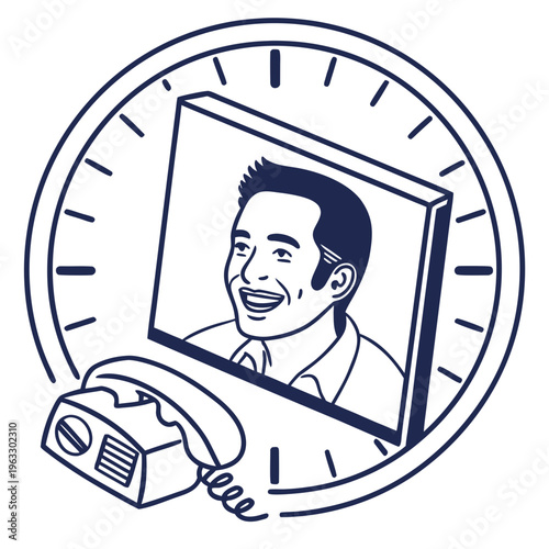 Retro telephone with screen showing smiling man inside clock face representing time management communication and scheduled video calling services
