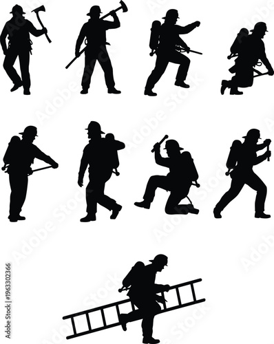Firefighter silhouettes collection showing rescue workers with axes, hoses, ladder and equipment in action poses, emergency response team concept isolated on white background