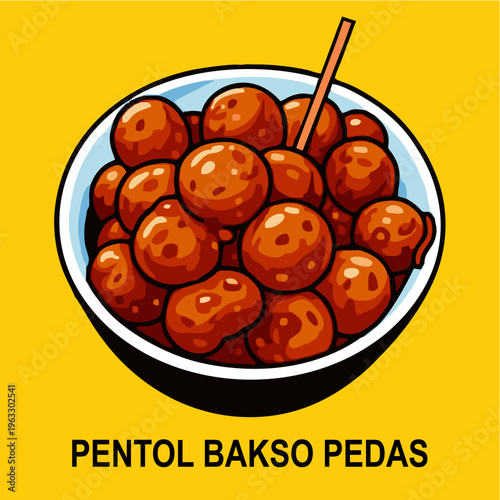 Indonesian Spicy Meatballs or Pentol Bakso Pedas Illustration in a Bowl, Street Food Vector Art