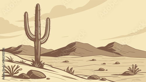 Minimal desert scene with cactus and rolling sand dunes, warm earthy tones, arid environment concept, clean vector illustration for travel and nature themes.