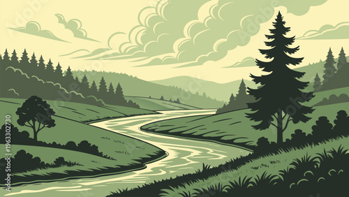 Flowing river through green valley hills, flat vector style, fresh nature scenery, eco concept, countryside landscape, ideal for travel, environment, and background use.