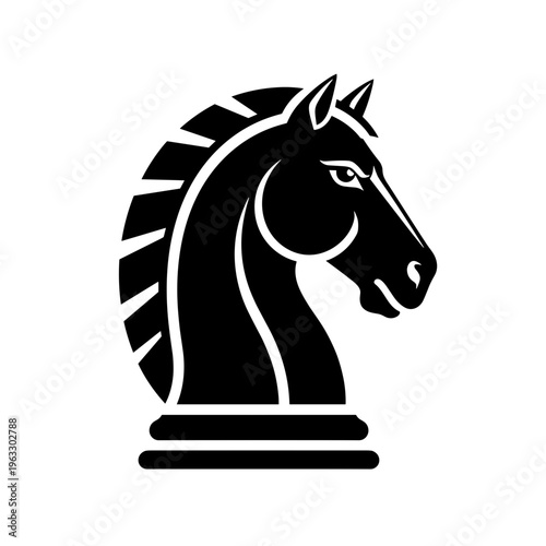 Black-and-white chess knight silhouette in bold icon style representing strategy, intellect, and game mastery