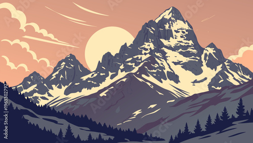 Scenic mountain range at sunset in vintage vector style, warm tones, nature travel concept, outdoor adventure background, clean minimal design for posters and branding.